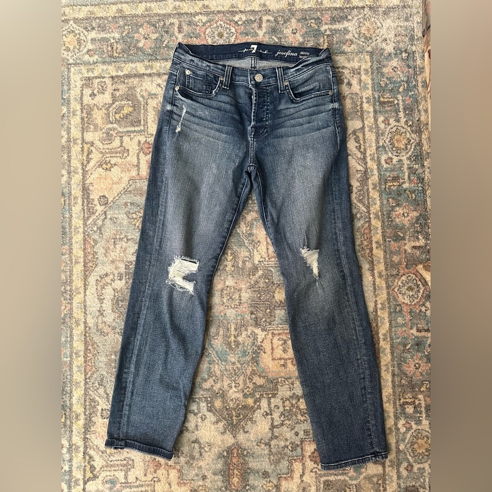7 For All Mankind Dark Blue Distressed Skinny Jeans